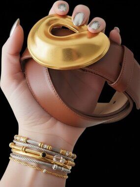 VINTAGE ROBERT LEE MORRIS Leather Belt Gold Swirl Buckle 80s Wearable Art Deco